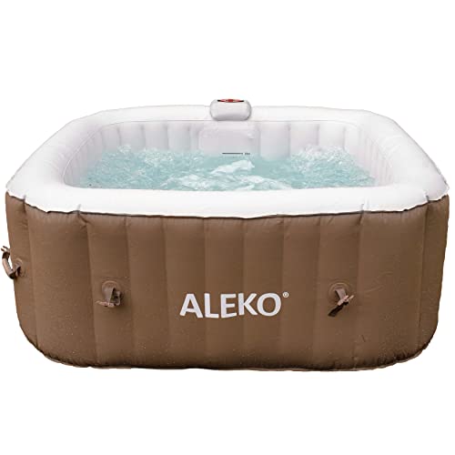 ALEKO Inflatable Hot Tub Spa | Personal High Powered Jetted Bubble | with Fitted Cover and 3 Filters | 160 Gallon | 4 Person Square | Brown | HTISQ4BR