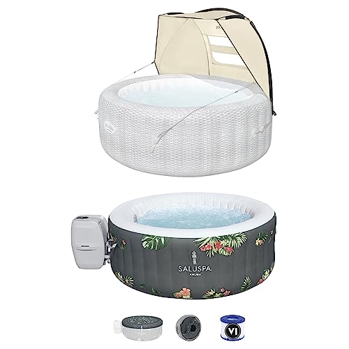 Bestway SaluSpa Sun Shade Canopy Bundled with Aruba SaluSpa Inflatable Outdoor Hot Tub with 110 Soothing AirJets and Insulated Cover