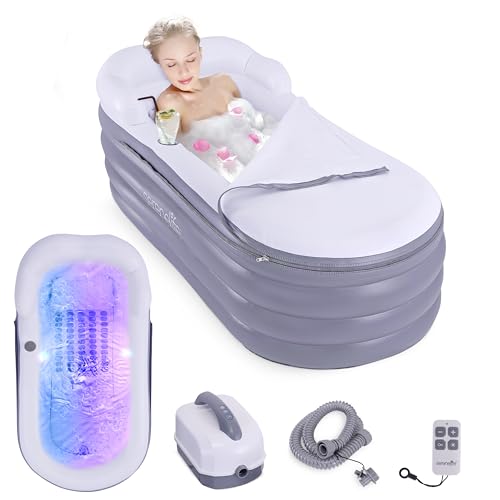 SereneLife Spa Bathtub with Bubble Massage Mat – Inflatable Bathtub with Pillow, Cup Holder, Remote Control for LED Lighting, Backrest and Armrests, Supporting Up To 190 lbs. 66" x 30" x 26"