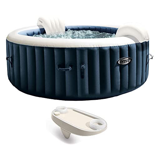 Intex 28429EP PureSpa Plus Portable Inflatable Hot Tub Bubble Jet Spa, 77 x 28, with Tablet Mobile Phone Spa Tray Accessory w/LED Light Strip, White