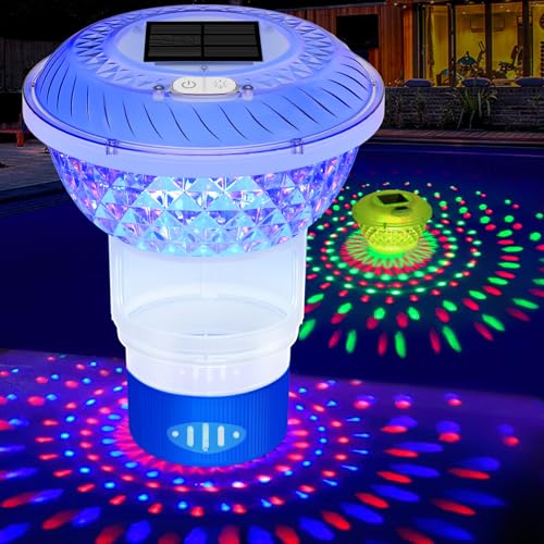FineBud Solar Pool Chlorine Floater,Chlorine Floater with Colorful Lights,Button Control Floating Pool Chlorines Dispenser,Adjustable Release & Easy Opening,Solar chlorines floaters for Hot Tub,Blue