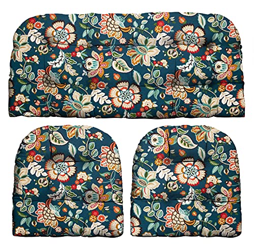RSH DECOR: 3-Piece Wicker Tufted Cushion Set | 41” x 19" & 19" x 19" | All-Weather Spun Fabric | Water Resistant | Outdoor Loveseat & U-Shape Cushions for Patio Furniture | Telfair Peacock